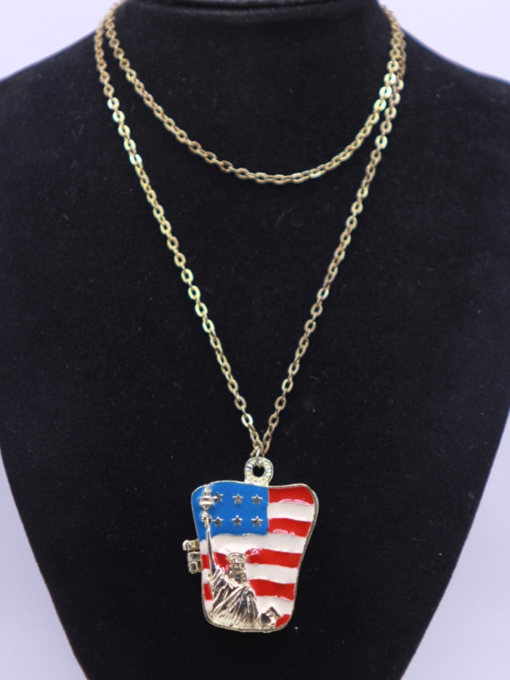Patriotic Statue of Liberty Enamel Locket Pendant Necklace Gold Tone, Red & Blue